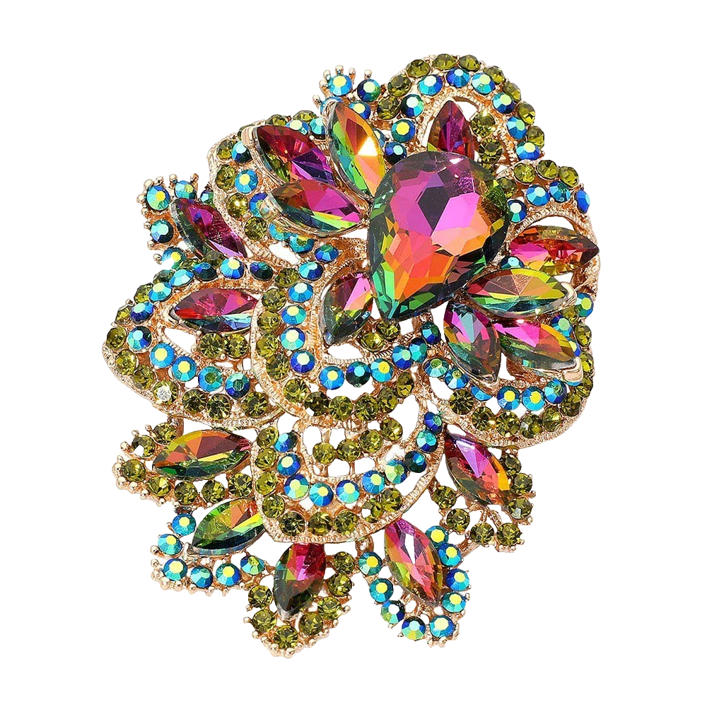 2pcs Large Floral Crystal Brooch Set Iridescent Rhinestone Flower Pin Bouquet