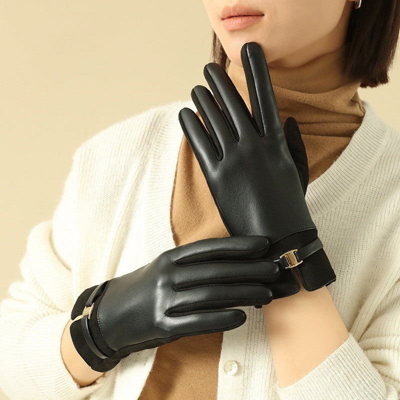 Women's Winter Gloves 2 Pairs Black Beige Gold Buckle Accent Smart Device Gloves