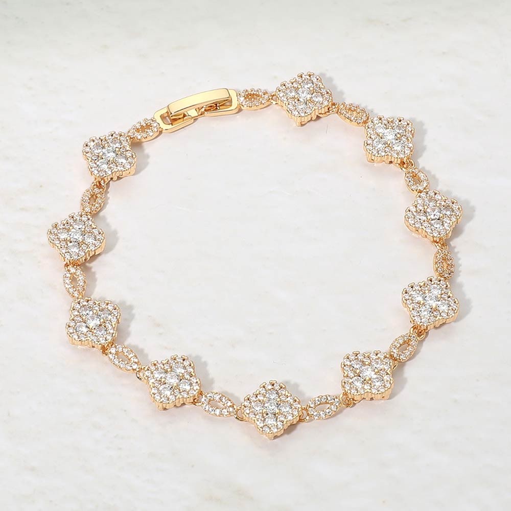 Gold Tone Pave Cubic Zirconia Clover Cluster Link Bracelet Elegant Jewelry