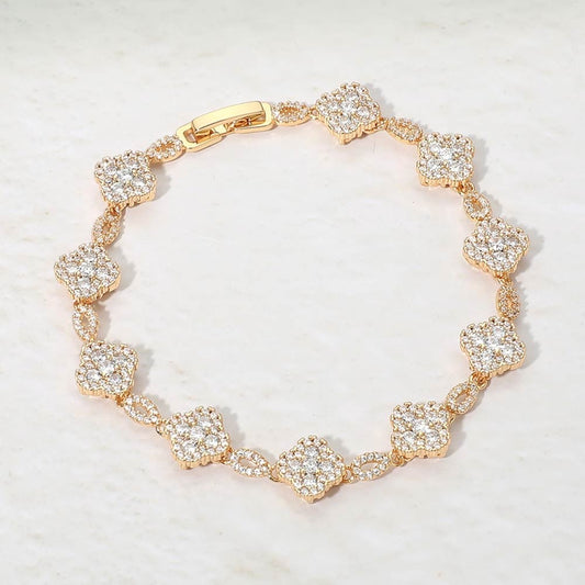 Gold Tone Pave Cubic Zirconia Clover Cluster Link Bracelet Elegant Jewelry