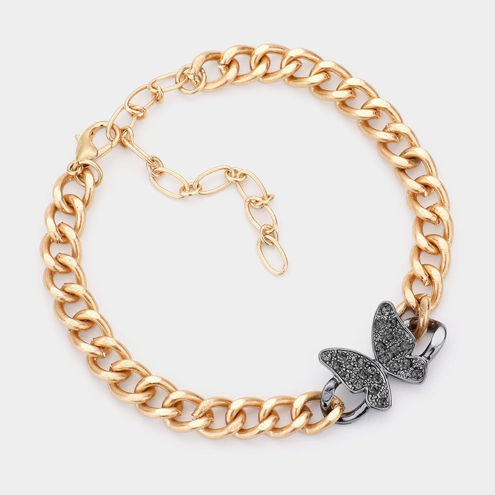 2pc Butterfly Bracelet Set Rhinestone Embellished Dainty Sparkle Jewelry Gift