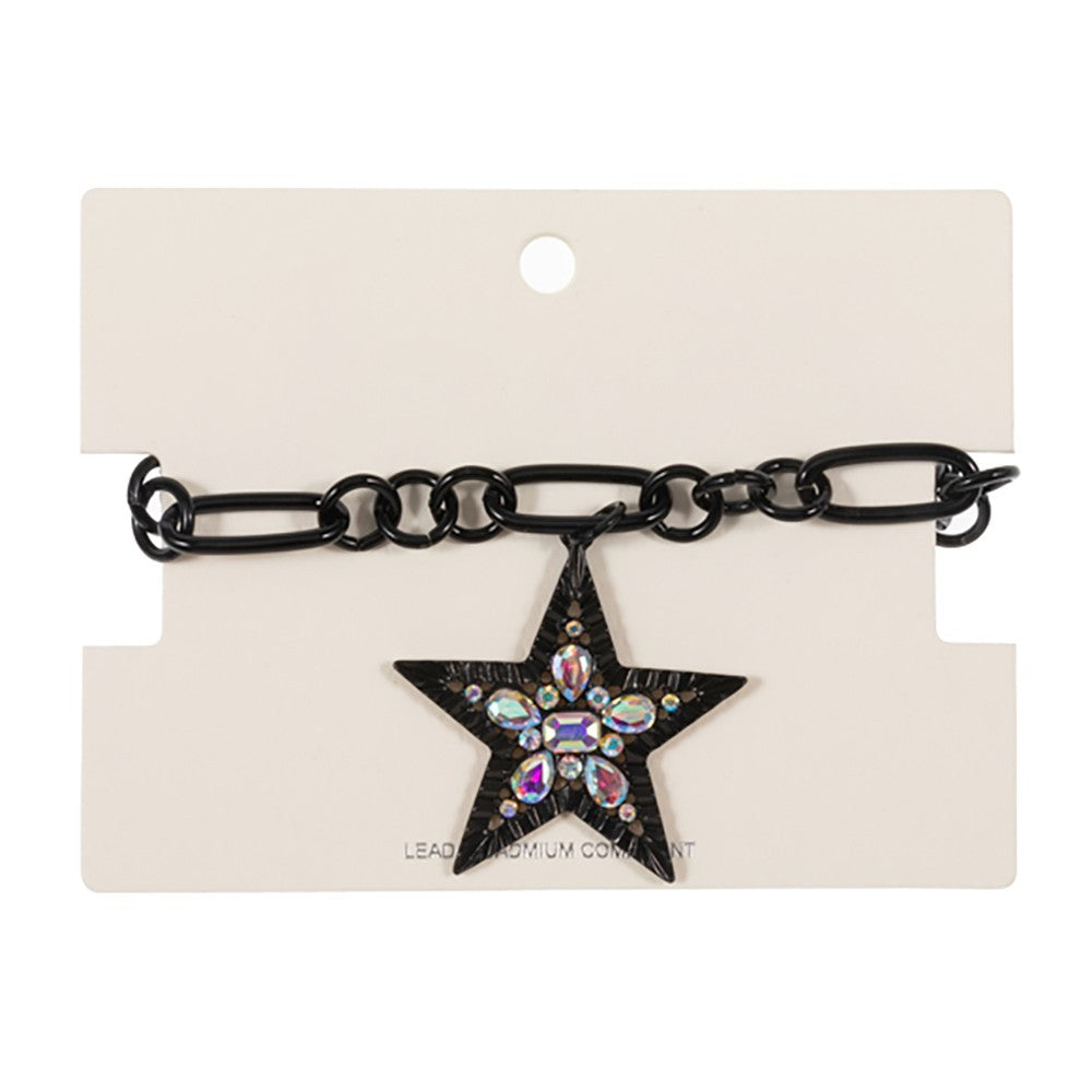 Black Chain Bracelet with Iridescent Star Charms Lobster Closure