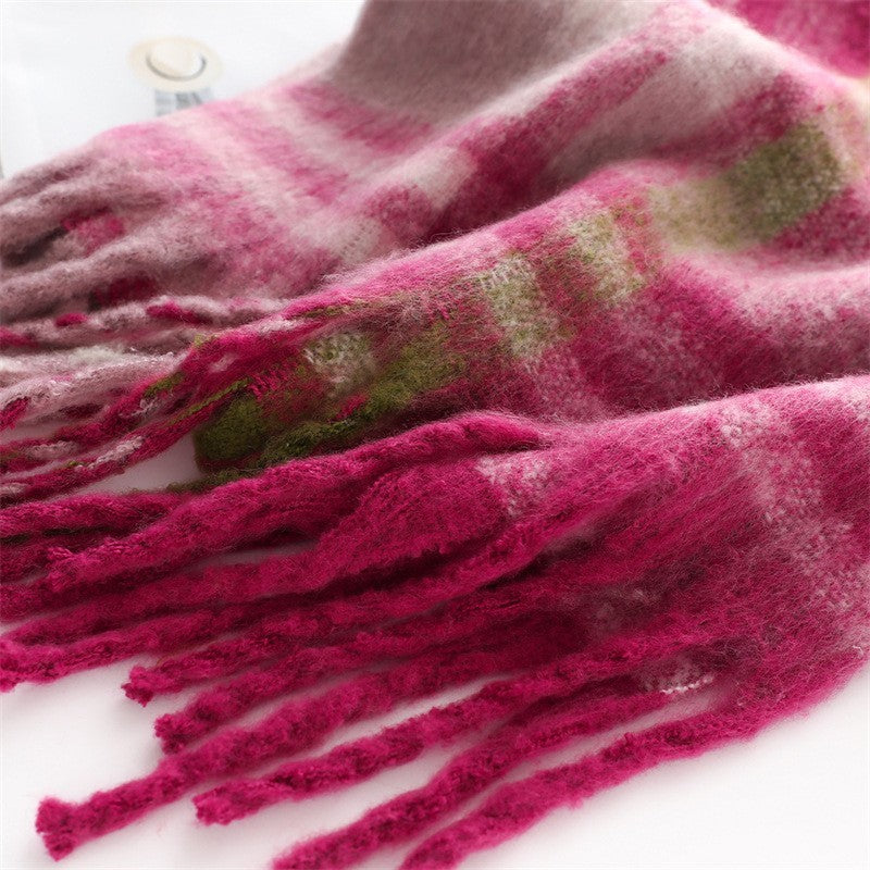 Plaid Checkered Scarf Womens Winter Warm Burgundy Gray Fringe Wrap for Women Men