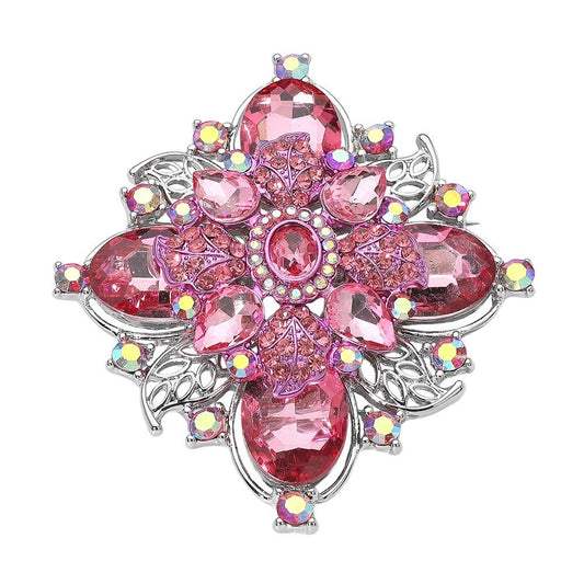 2pcs Vintage Floral Crystal Rhinestone Brooch Pin Set Pink and Silver Jewelry