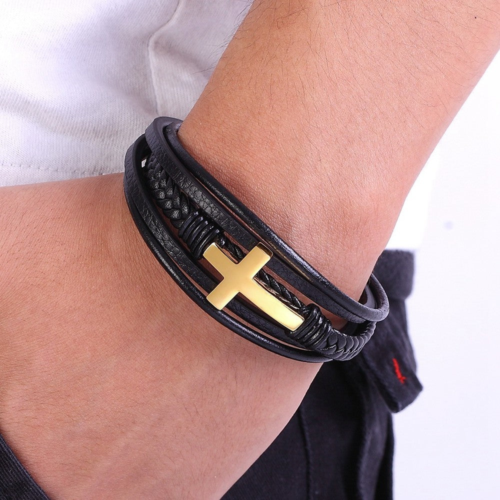 Men's Black Leather Braid Multi-Layer Bracelet Gold Cross Magnetic Clasp