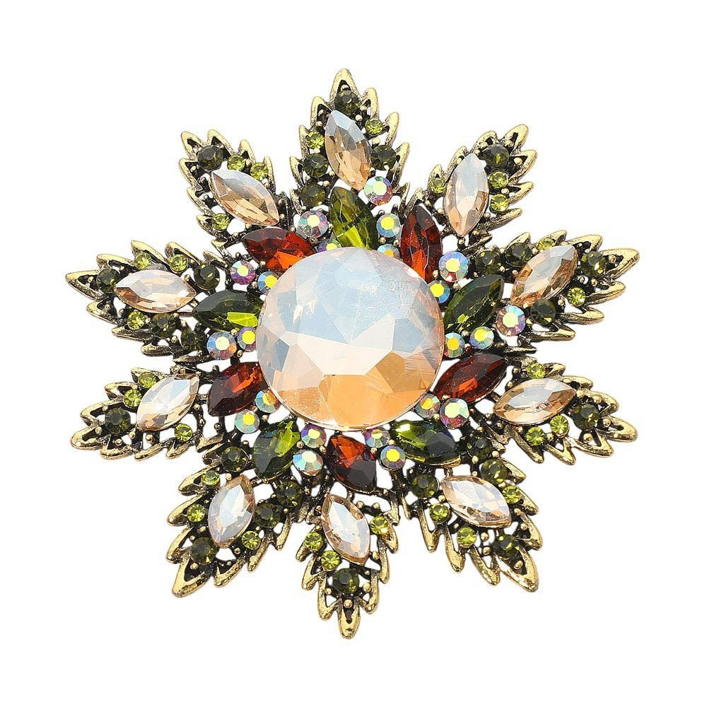Rhinestone Embellished Crystal Floral Starburst Pin Brooch for Women Gold Tone