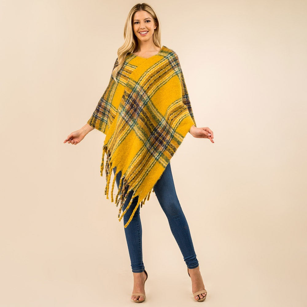 Plaid Poncho Women Fringe Hem Knit Shawl Wrap Cape Winter Layering Cozy