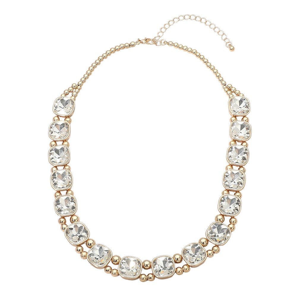 Gold-Tone Cushion-Cut Crystal Statement Necklace – Formal Bridal Jewelry