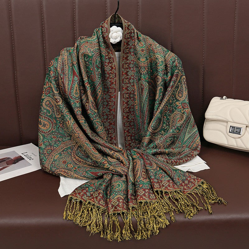 Reversible Paisley Pashmina Shawl Scarf Wrap Green Maroon Gold Fringe