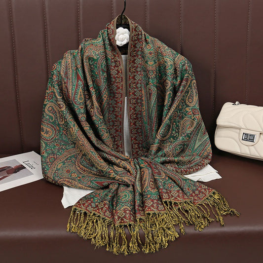 Reversible Paisley Pashmina Shawl Scarf Wrap Green Maroon Gold Fringe