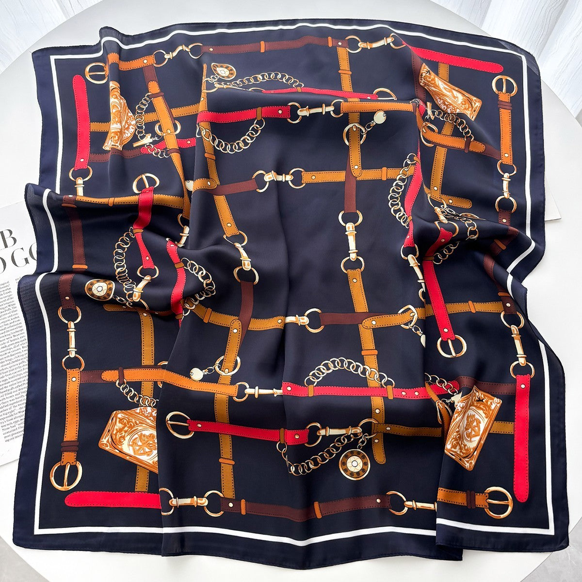 Navy Equestrian Belt & Chain Print Silk Feel  Square Scarf 27.5x27.5"