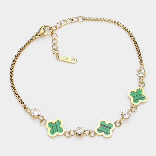 Stainless Steel Quatrefoil Stone Bezel Station Bracelet Gold Green Fashion Jewel