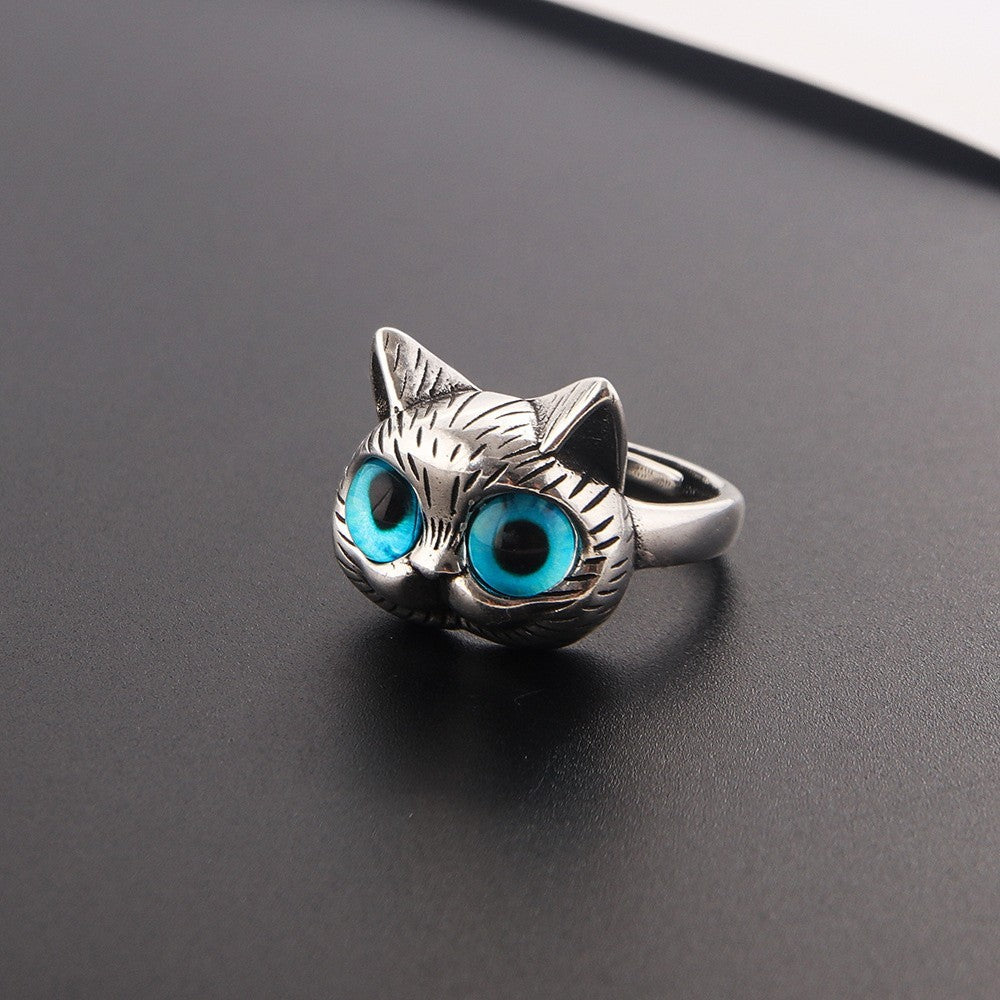 2 Pcs Adjustable Cat Rings Blue Eyes Pet Lover Animal Jewelry Gift for Women