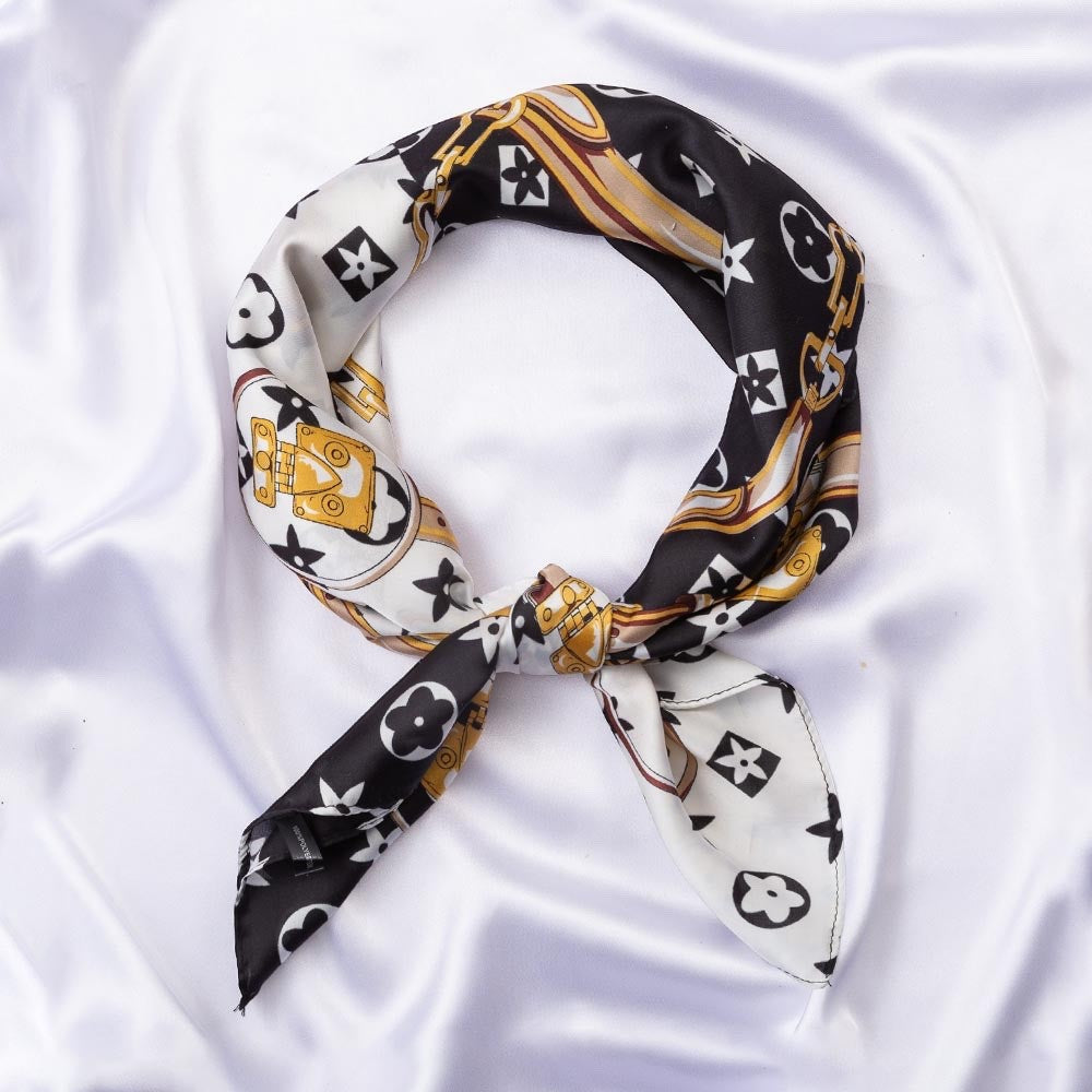 Luxury Monogram Chain Print Square Silk-Feel Head Neck Scarf Wrap 27.5x27.5 Inch