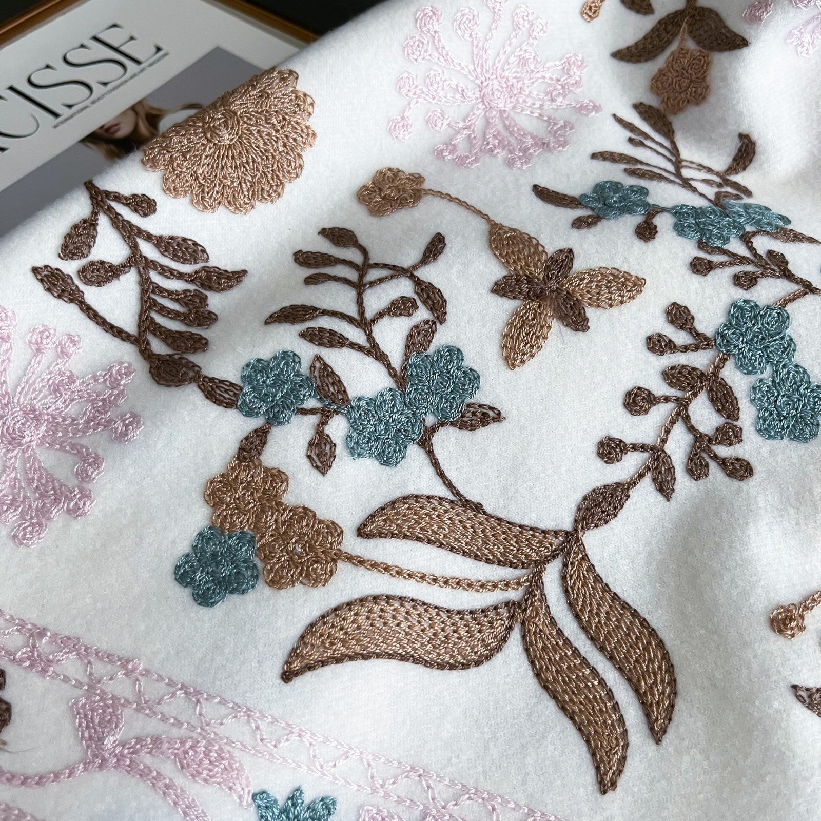 Cashmere Feel Shawl Scarf White Floral Embroidery Fringe Soft Warm Wrap Gift