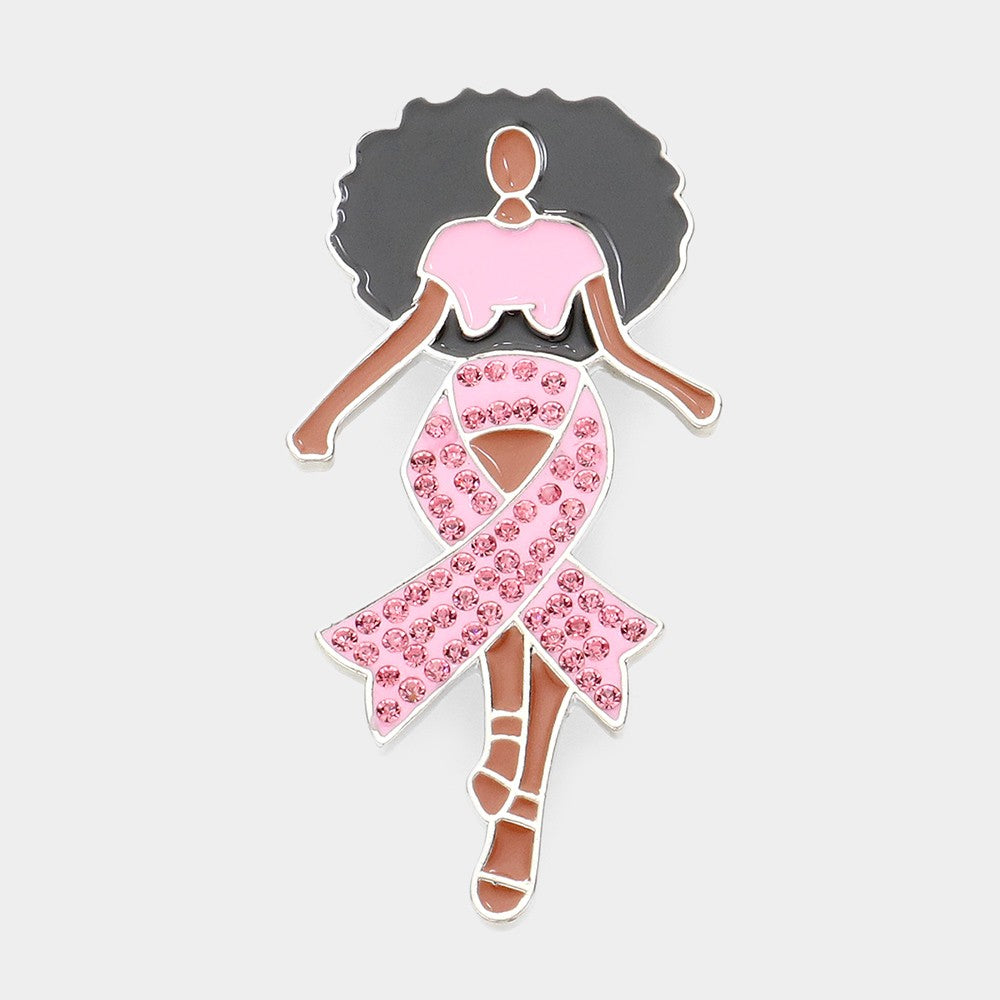 Pink Ribbon Accented Enamel Pave CZ Rhodium Metal Afro Girl Pin Brooch for Women
