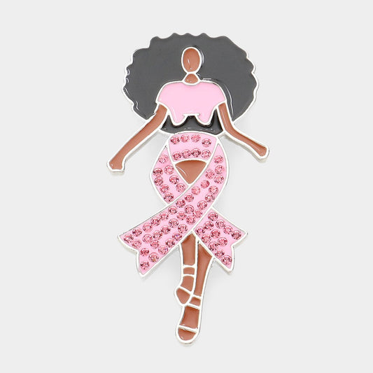 Pink Ribbon Accented Enamel Pave CZ Rhodium Metal Afro Girl Pin Brooch for Women