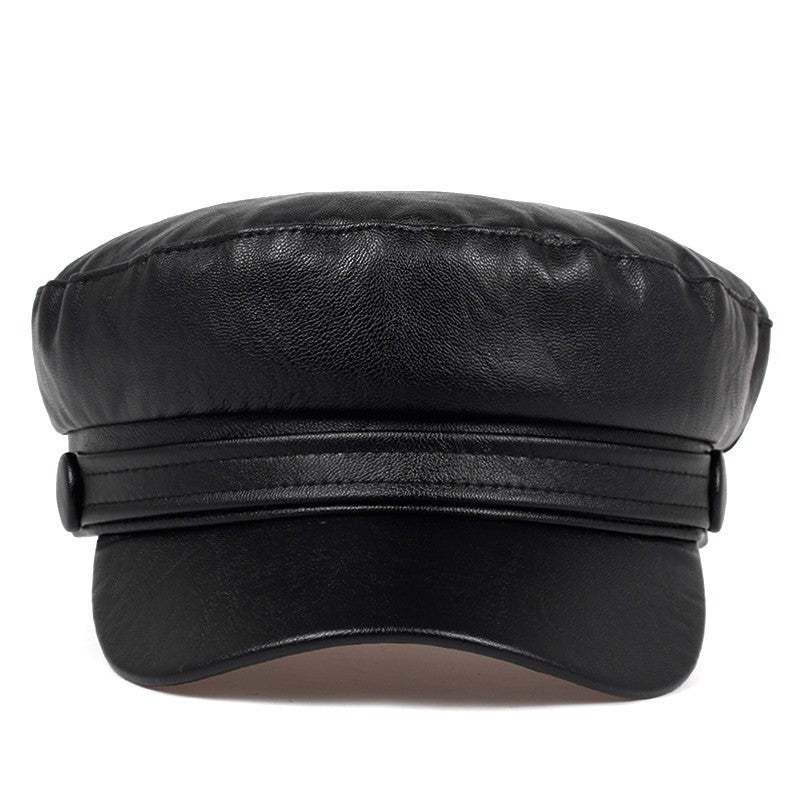 Black Faux Leather Newsboy Cap Women Baker Boy Captain Hat Sailor Peaked Visor
