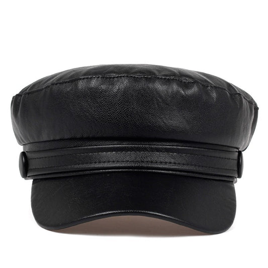 Black Faux Leather Newsboy Cap Women Baker Boy Captain Hat Sailor Peaked Visor