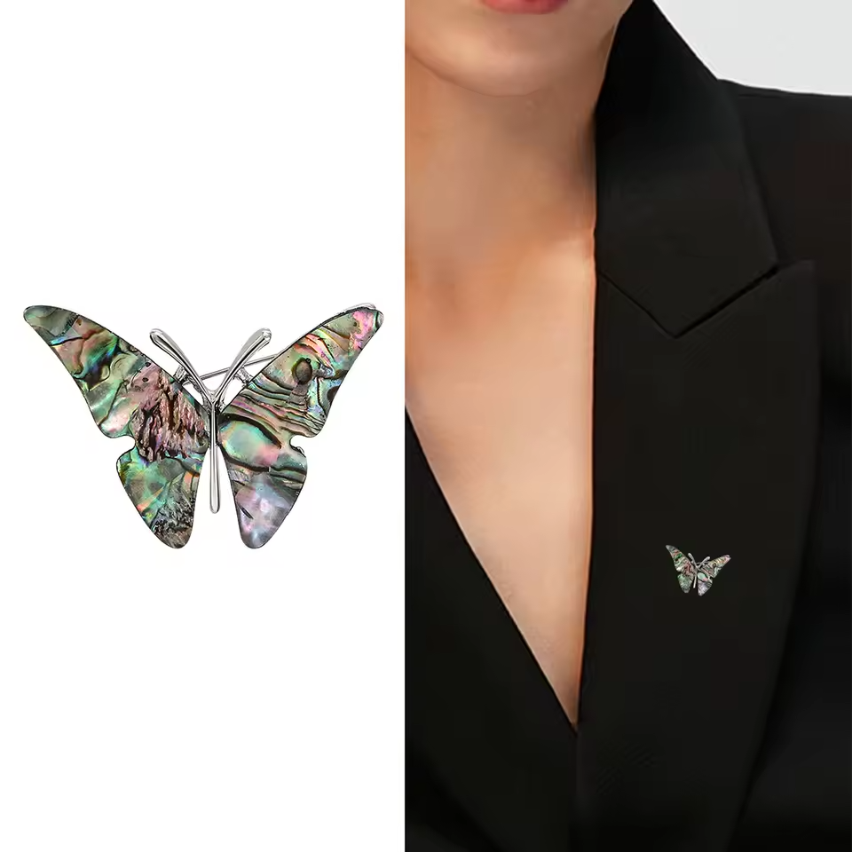 3pcs Abalone Shell Brooch Set Butterfly Clover Tulip Silver Tone Pin