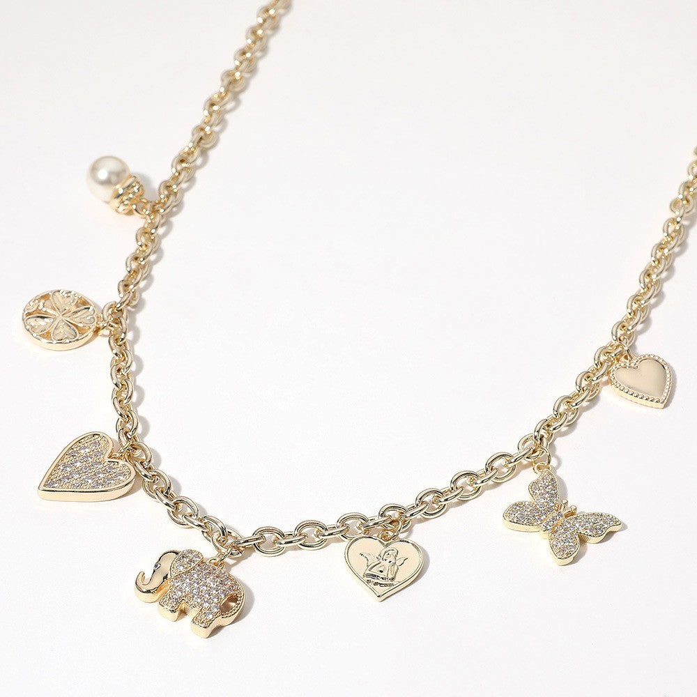 Gold Tone Multi Charm Crystal Butterfly Elephant Heart Clover Necklace for Women