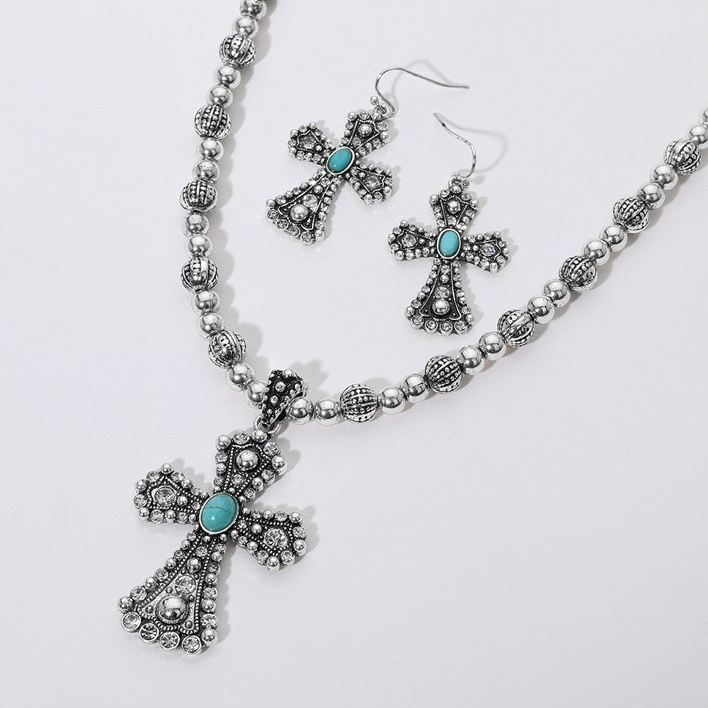 Turquoise Cross Pendant Necklace for Women Antique Silver Chain with Glass Stone