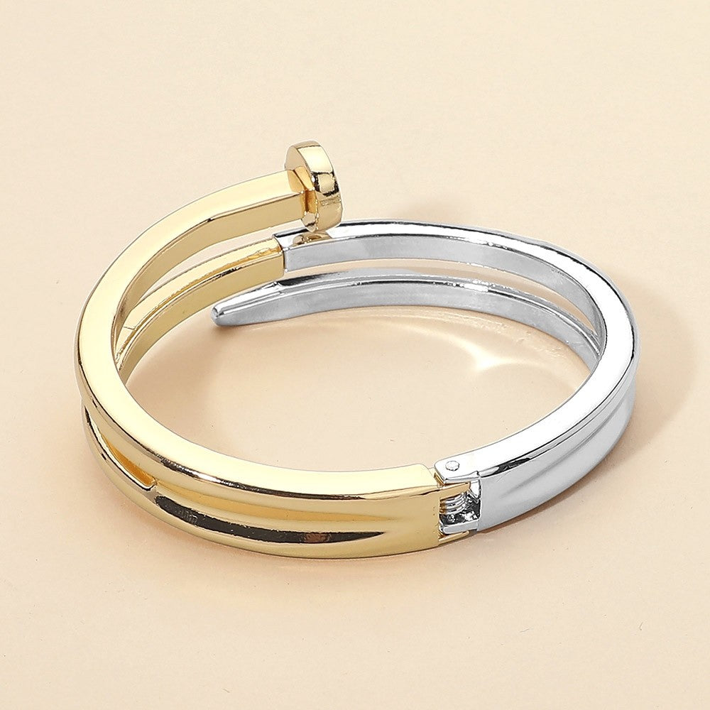 Two-Tone Gold and Silver Hinged Nail Bangle Bracelet Modern Industrial Jewelry