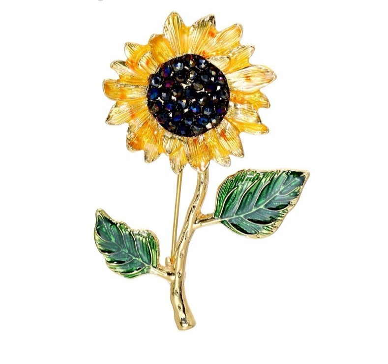 Enameled Sunflower Brooch Pin with Rhinestones for Women Gold-Tone Jewelry