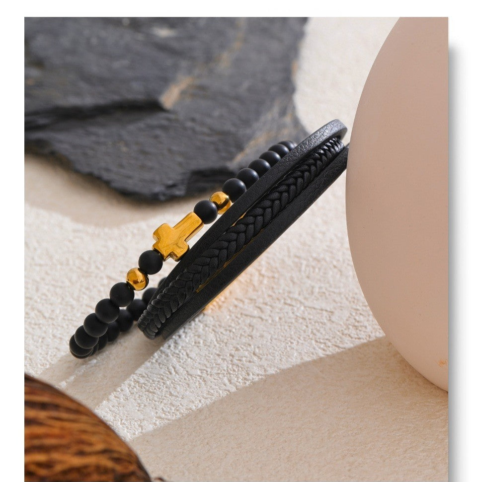 2PCS Black Leather Beaded Cross Bracelet Set Gold Silver Tone Stainless Steel