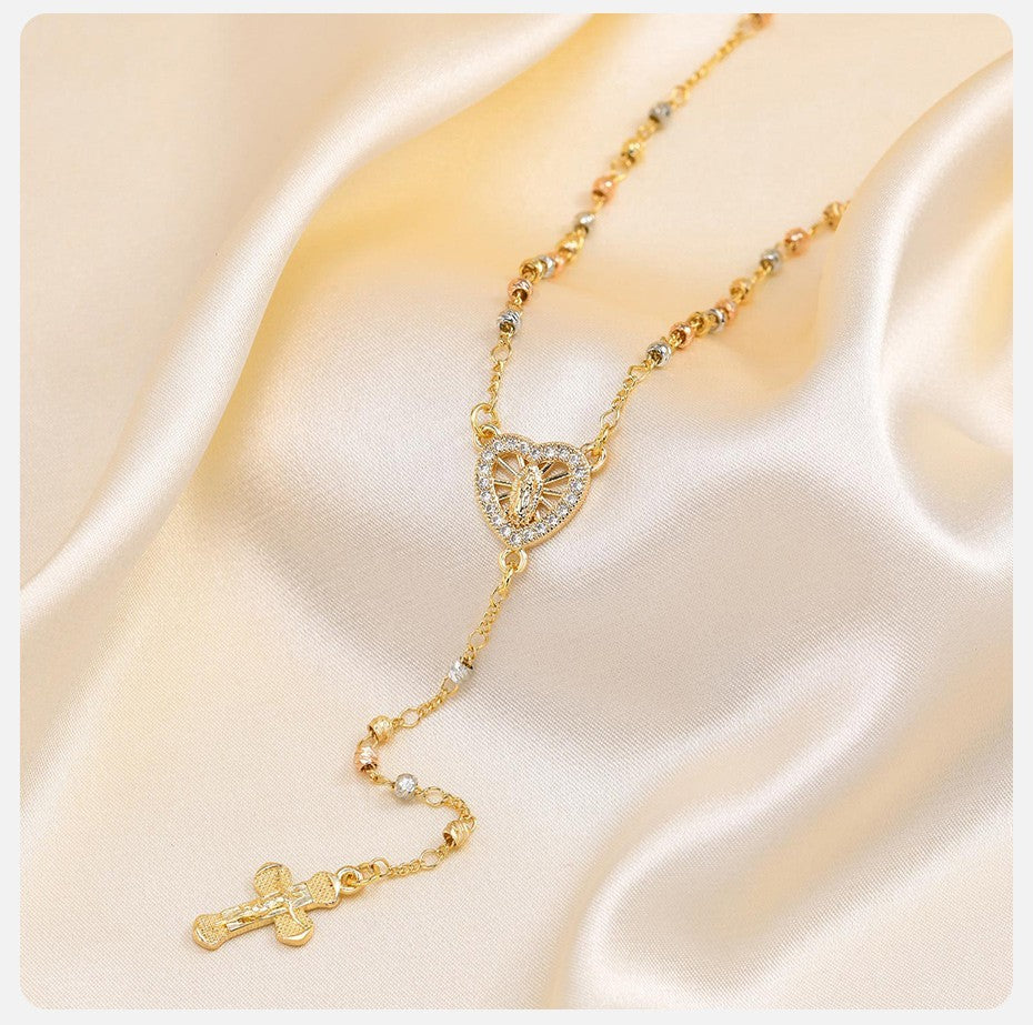 Copper Cubic Zirconia Rosary Y-Necklace Heart Centerpiece Cross Pendant