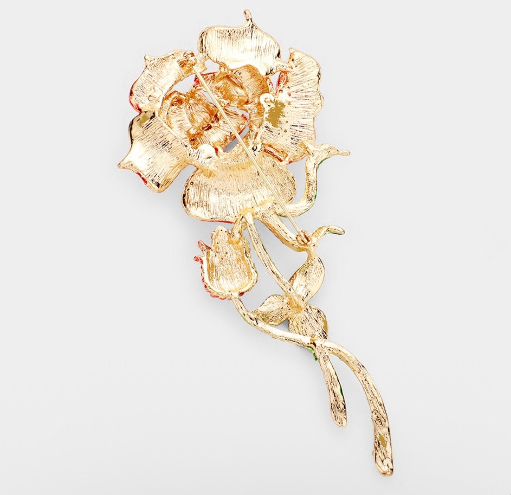 Elegant 3D Red Rose Flower Brooch with Polished Gold-Tone Stem and Leaf Detail
