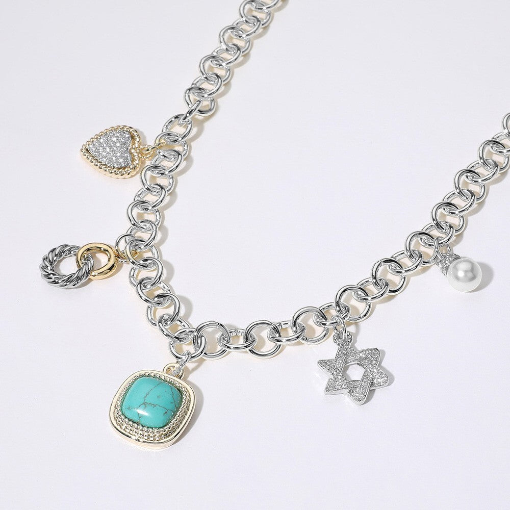 14K Gold Plated CZ Heart Star Pearl Turquoise Charm Cluster Necklace for Women