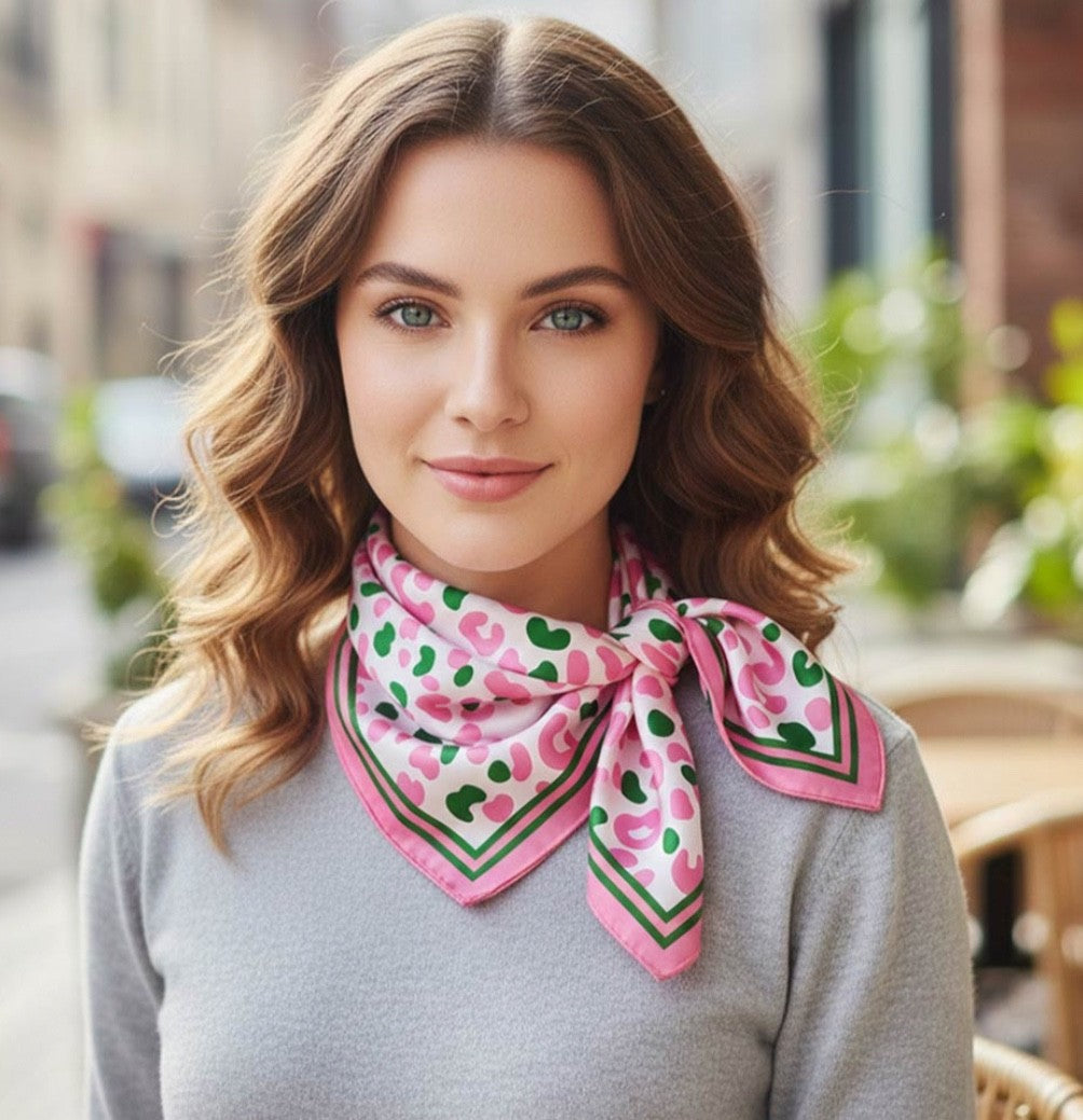 Pink Green Leopard Print Silky Square Neck Scarf Preppy Sorority Bandana