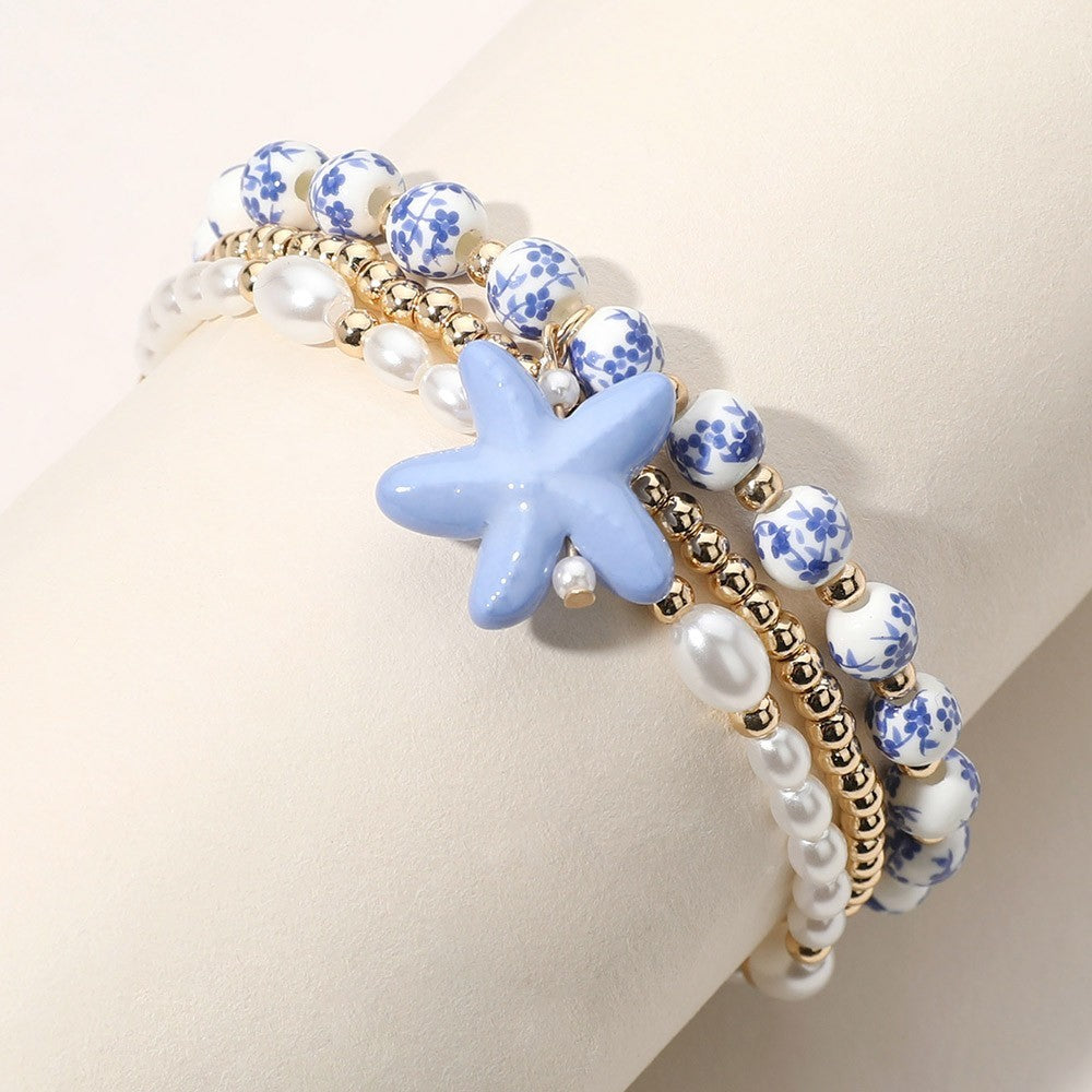 3 Piece Stretch Bracelet Set Starfish Charm Pearl Ceramic Beaded Beach Jewelry