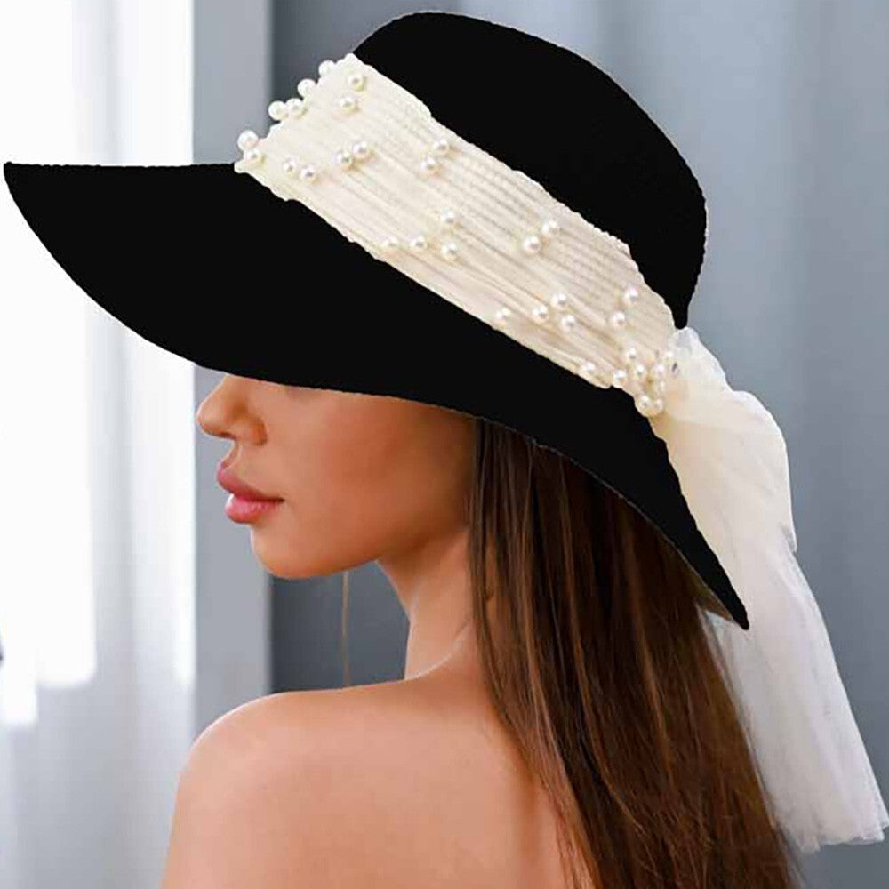 Pearled Sheer Ribbon Band Sun Hat Black  Hats for Womens Fancy  Accessories