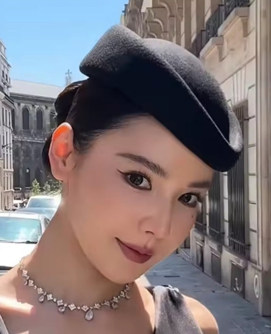 Vintage Style Black Wool Pillbox Hat - Elegant French Beret Stewardess Fascinato