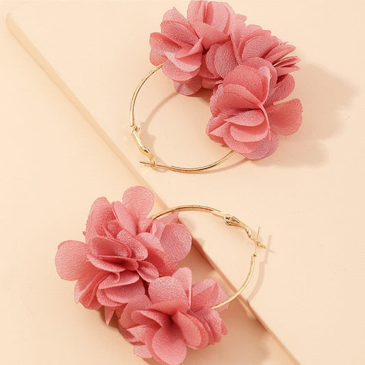 Boho Pink Fabric Floral Hoop Earrings for Women Fashion Jewelry Statement