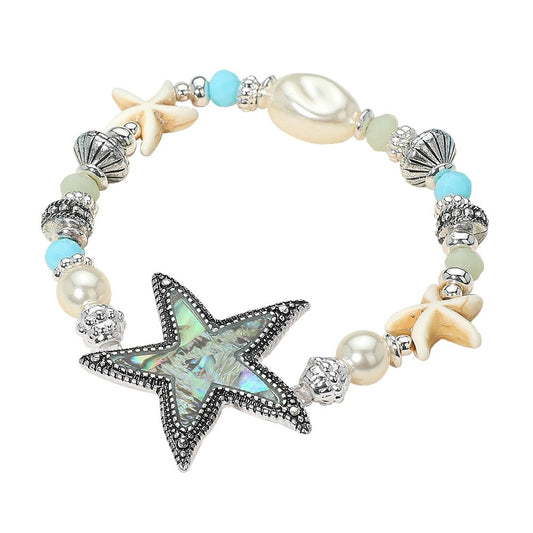 Starfish Nautical Beaded Bracelet with Abalone Shell Inlay and Pearl Accents