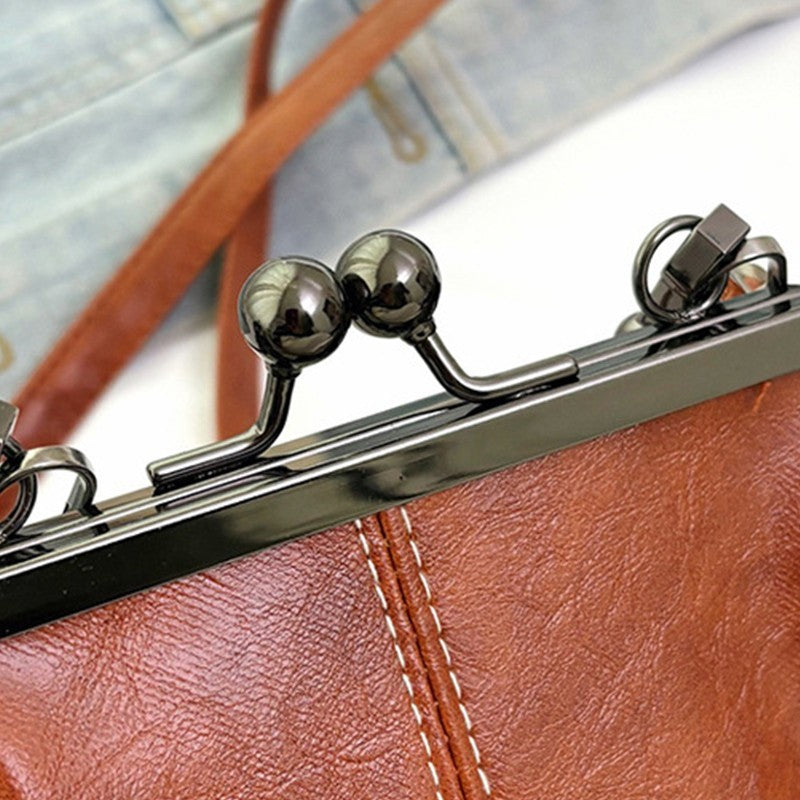 Cognac Faux Leather Kiss Lock Frame Bag Small Doctor Style Crossbody Handbag