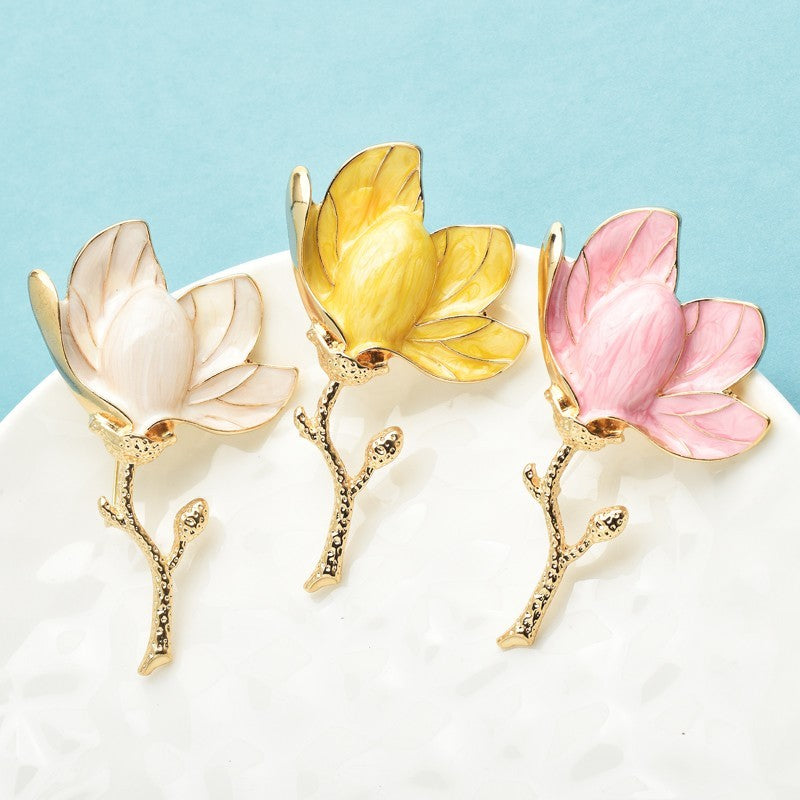 3pcs Enamel Flower Brooch Pin Set Magnolia Floral Gold Tone Jewelry for Women