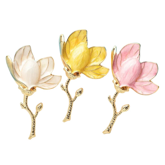 3pcs Enamel Flower Brooch Pin Set Magnolia Floral Gold Tone Jewelry for Women