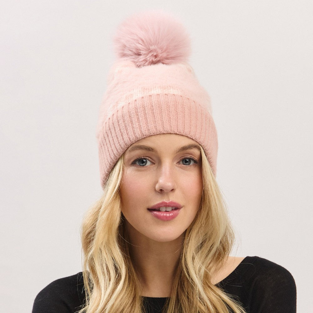 Women's Winter Beanie Hat One Size Pink Plaid Pattern Faux Fur Pom Pom Accent