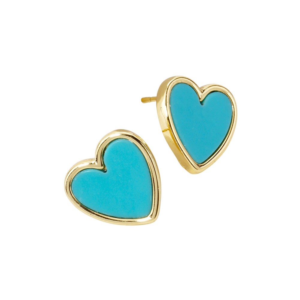 Turquoise Heart Stud Earrings - Gold Dipped Sterling Silver Post Enamel Jewelry