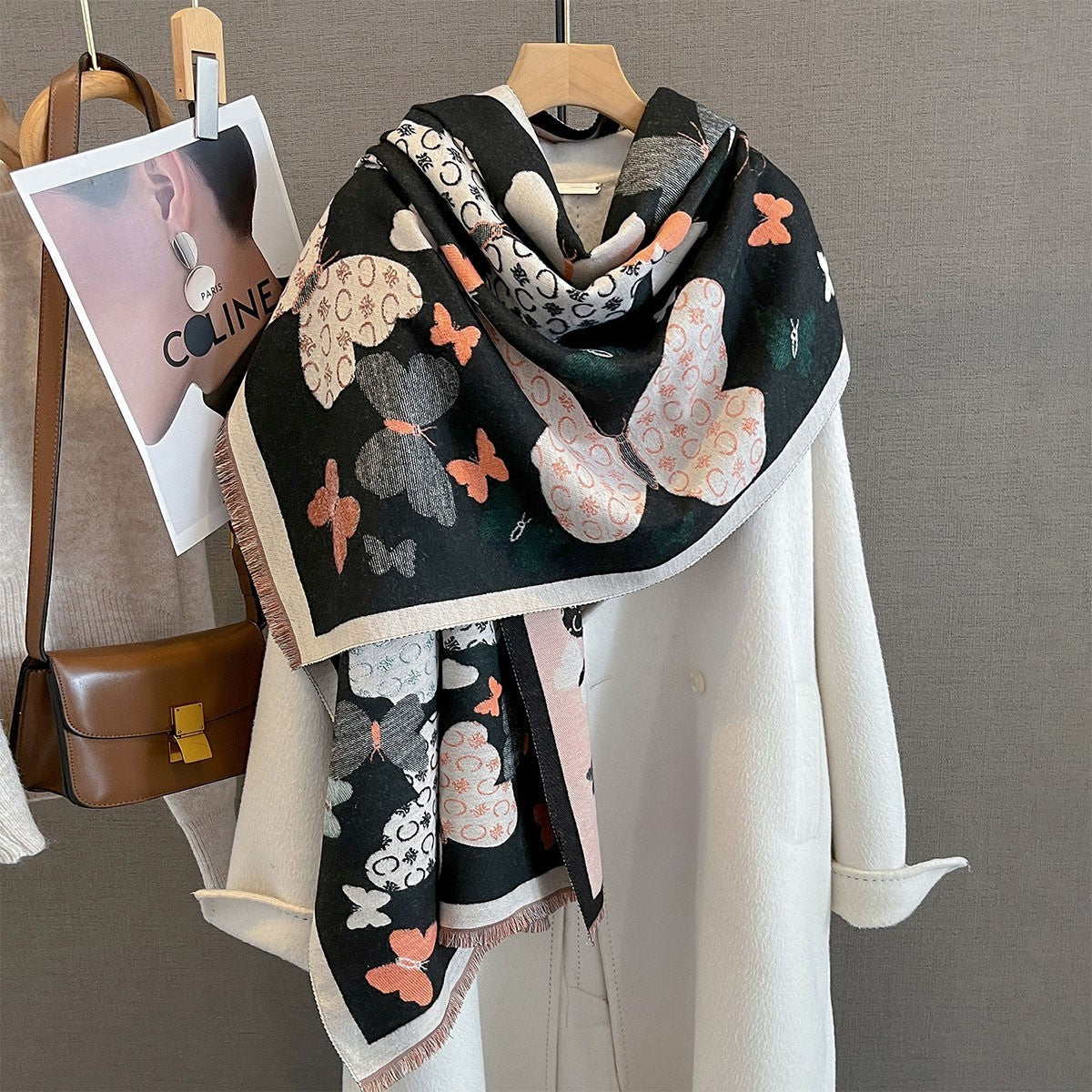 Oversized Butterfly Print Scarf Shawl Wrap | Soft Cashmere Feel Black Orange