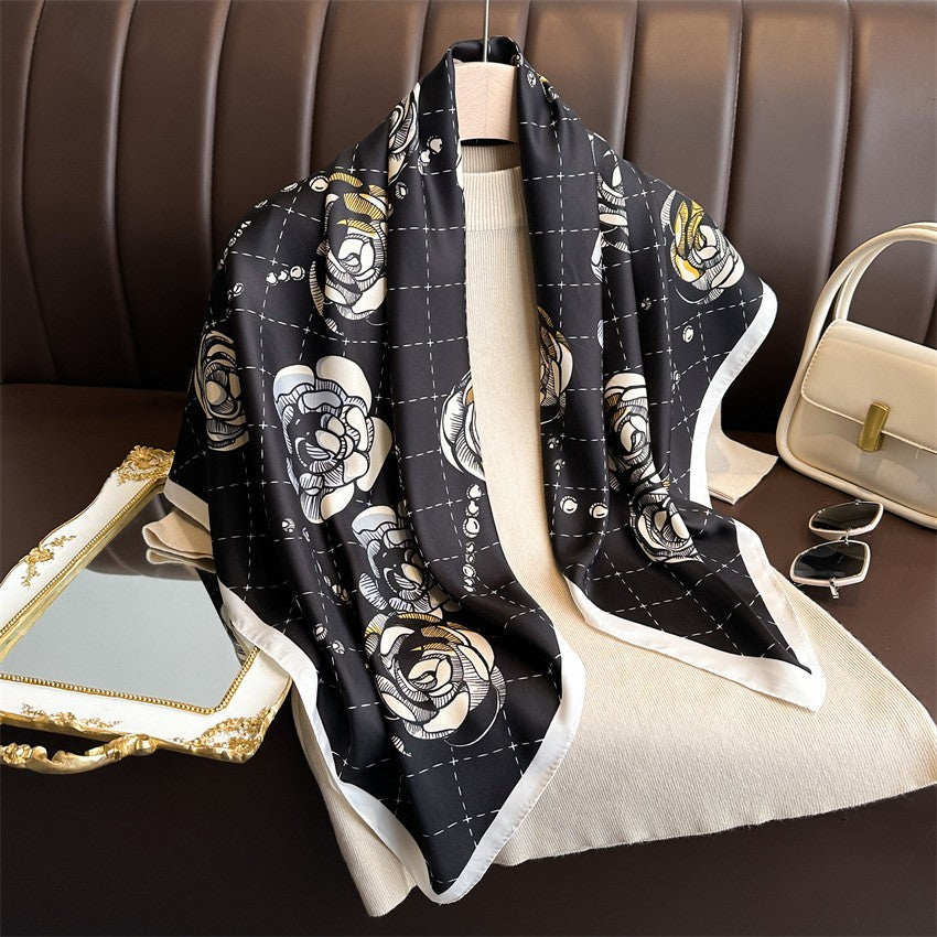 Black & White Rose Chain Print Silk Feel Square Scarf Neckerchief
