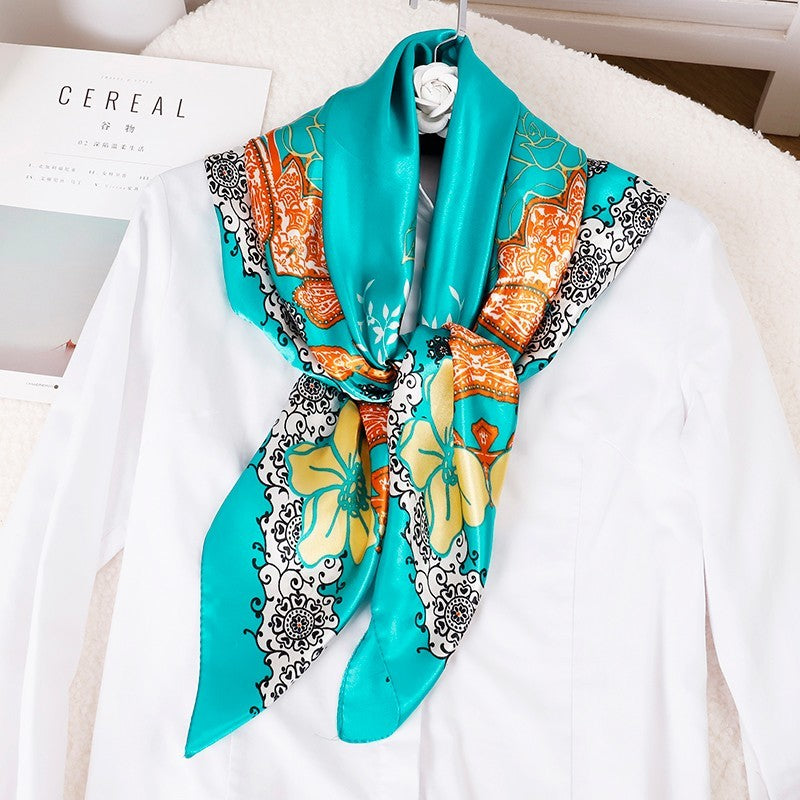 Women's Teal Orange Paisley Floral Satin Square Scarf Head Neck Wrap Bandana