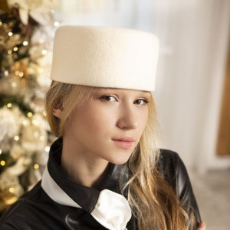 Vintage 100% Wool Pillbox Hat White Retro Fascinator Formal Cocktail Stewardess