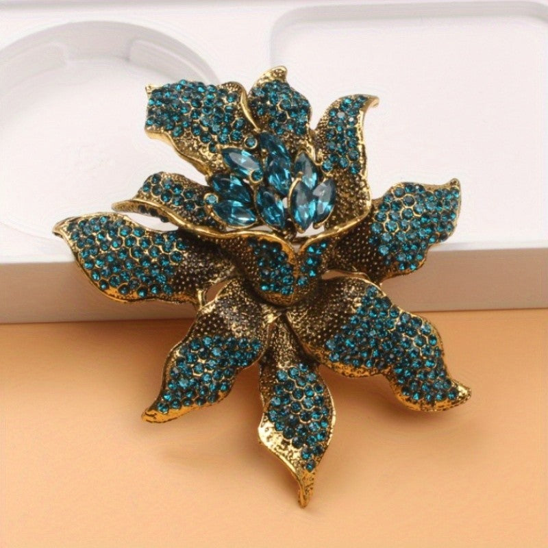 Giant Vintage Look Teal Turquoise Rhinestone Flower Brooch Pin Gold Tone Stateme