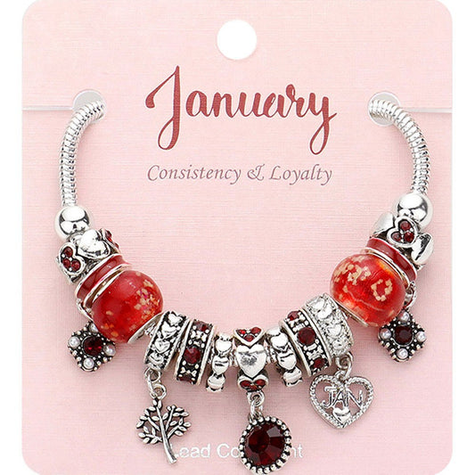 January Birthstone Charm Bracelet Red Beaded Jewelry for Women Birthday Gift