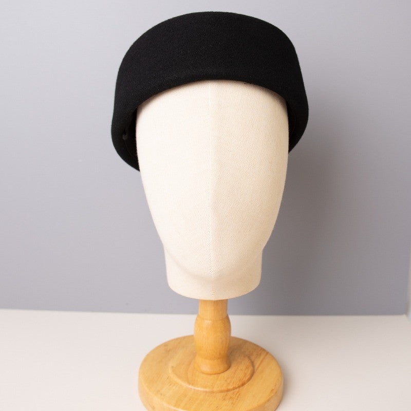 Vintage 100% Wool Pillbox Hat Black Retro Fascinator Formal Cocktail Stewardess